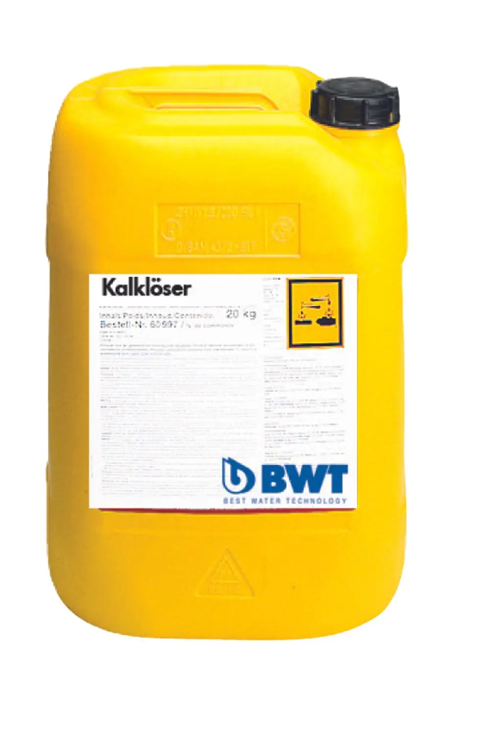 Gelber Kanister mit schwarzem Deckel, beschriftet mit Produktinformationen und dem BWT-Logo, zur Entkalkung von Kalkstein.